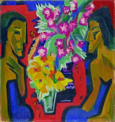 Still Life with Two Wooden Figures and Flowers